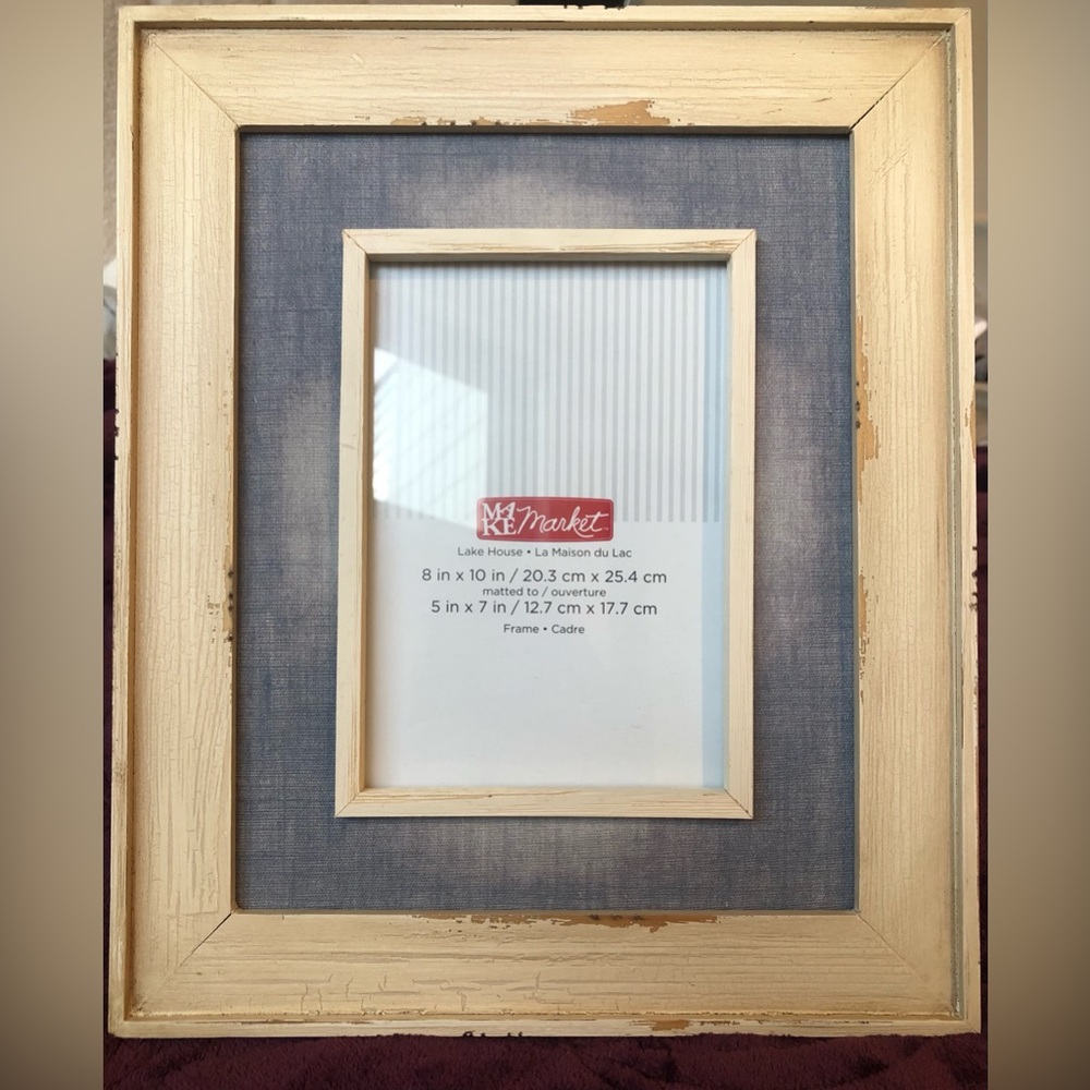 New / never used distressed beach wood & denim 8x10 lake house picture frame